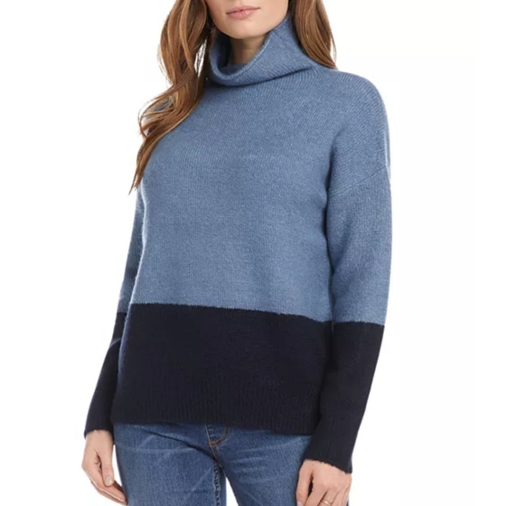 Karen Kane Colorblock Blue Gray XS Turtleneck Relaxed Fit Womens Sweater